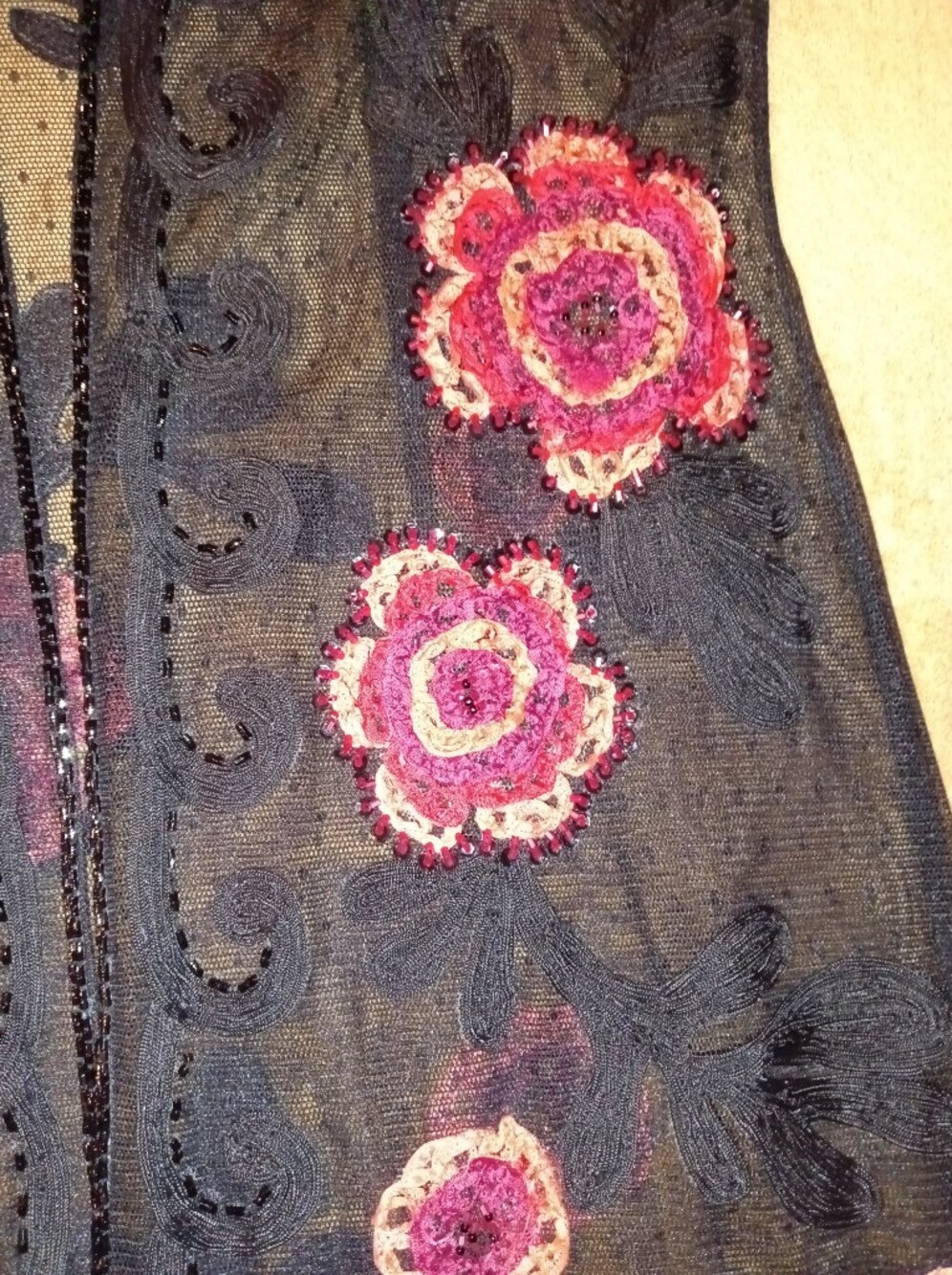 Vintage Sue Wong Elegant Black Duster w/Red Floral Embroidery & Faux Fur Trim - Picture 3 of 5